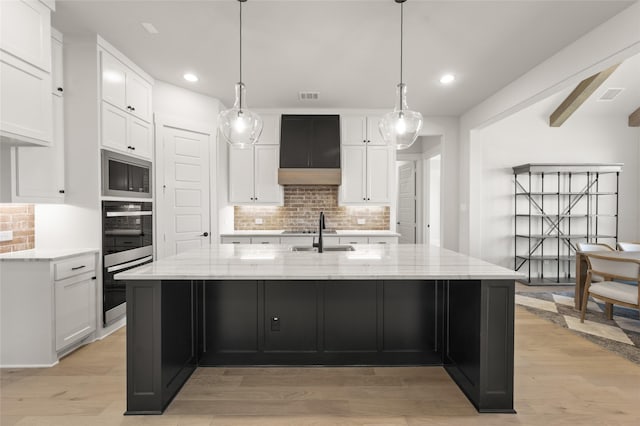 440 Olson Rd, Waxahachie, TX 75167 - kitchen featuring stainless steel appliances, backsplash, light stone counters, white cabinets, and recessed lighting