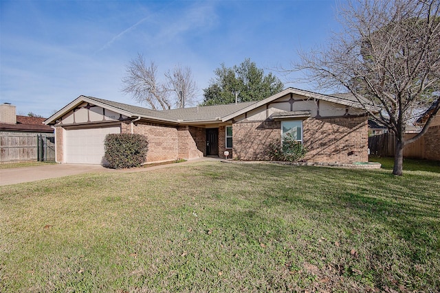 single story home with a garage and a front lawn