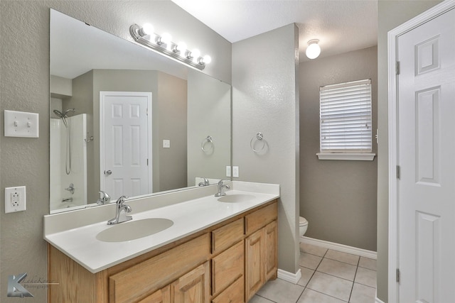 bathroom with toilet, tile patterned flooring, and vanity