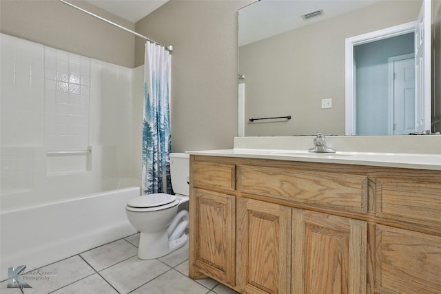 full bathroom with shower / bath combo with shower curtain, toilet, tile patterned floors, and vanity