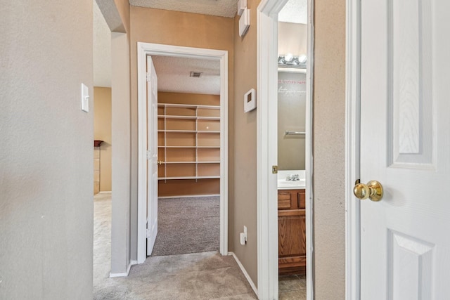 hall with light carpet, sink, and a textured ceiling