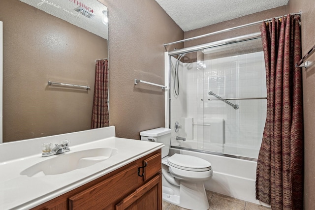 full bathroom with shower / bath combo, tile patterned flooring, vanity, a textured ceiling, and toilet