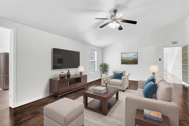 living room featuring hardwood / wood-style flooring, ceiling fan, and lofted ceiling