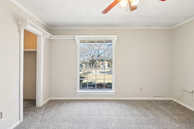 spare room with ceiling fan, carpet flooring, and crown molding