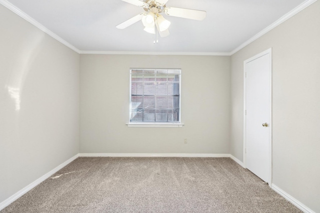 spare room featuring ceiling fan, carpet flooring, and crown molding