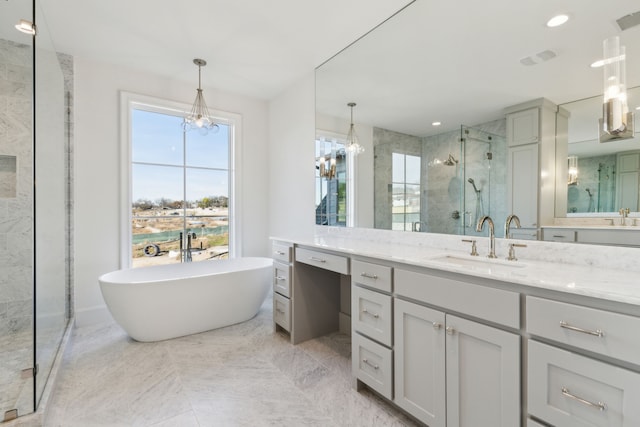 bathroom featuring vanity and plus walk in shower