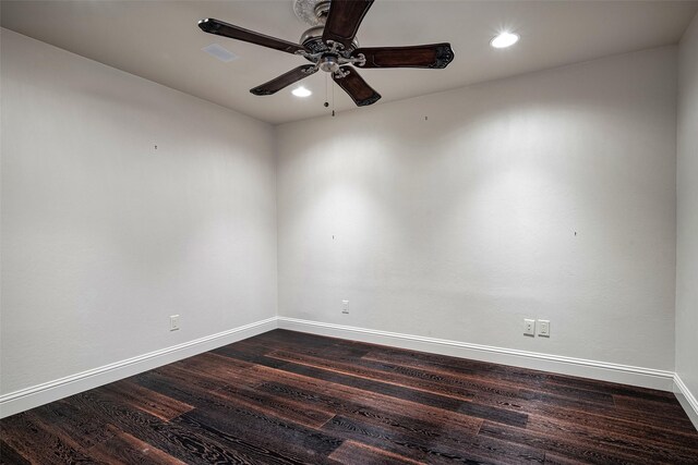 unfurnished bedroom featuring a closet, ceiling fan, and dark hardwood / wood-style flooring