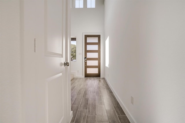 doorway with dark hardwood / wood-style floors and a towering ceiling