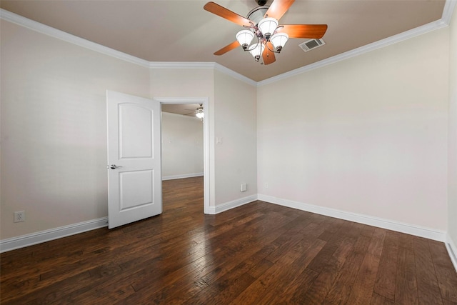 spare room with dark hardwood / wood-style floors, ceiling fan, and ornamental molding