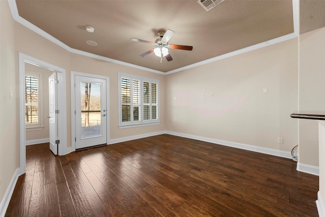 interior space with crown molding, dark wood-type flooring, and ceiling fan