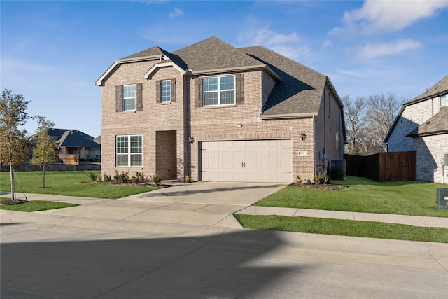 view of front facade featuring a garage, cooling unit, and a front lawn