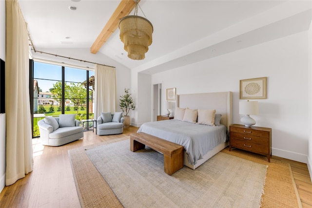 bedroom featuring lofted ceiling with beams and light wood-type flooring