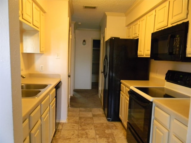 kitchen with sink, black appliances, crown molding, and a textured ceiling