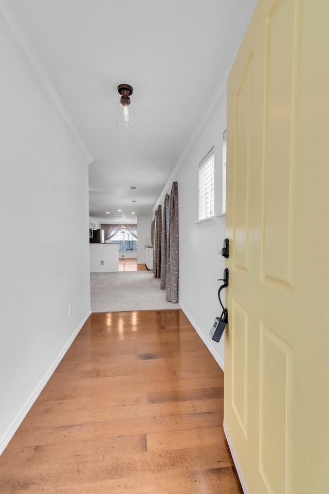 entrance foyer featuring light hardwood / wood-style floors and ornamental molding