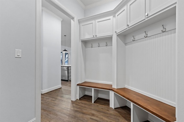 mudroom featuring crown molding and dark wood-type flooring