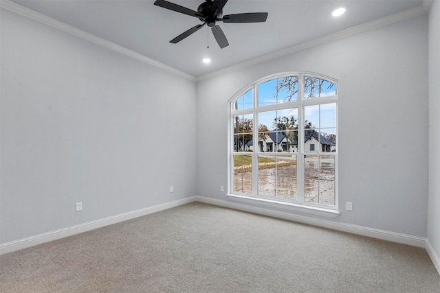 unfurnished room with ceiling fan, carpet flooring, and crown molding