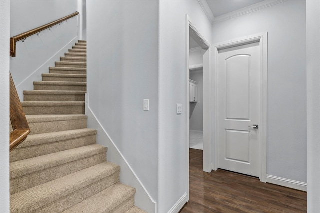 stairway featuring crown molding and hardwood / wood-style floors