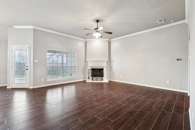 unfurnished living room featuring ceiling fan and crown molding