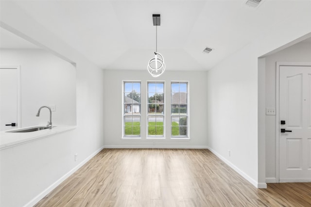 unfurnished dining area with sink and light hardwood / wood-style floors