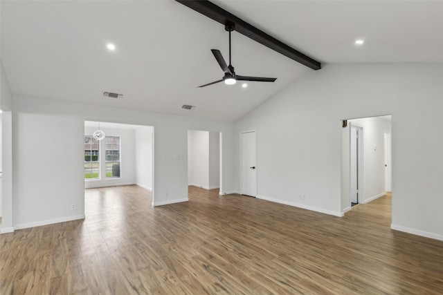 unfurnished living room featuring ceiling fan, high vaulted ceiling, beam ceiling, and hardwood / wood-style floors