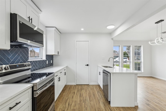 kitchen featuring appliances with stainless steel finishes, decorative backsplash, white cabinets, sink, and kitchen peninsula