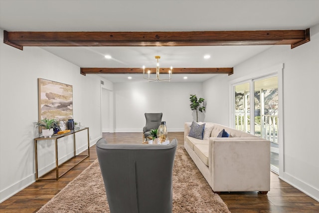 living room featuring beam ceiling, an inviting chandelier, and dark hardwood / wood-style floors