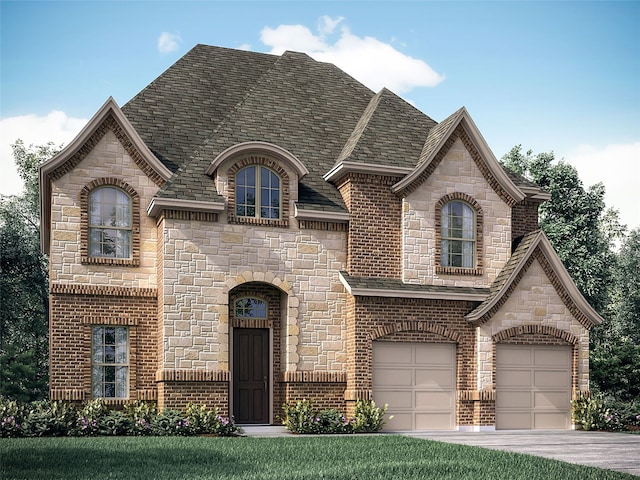 french country inspired facade with a garage and a front yard