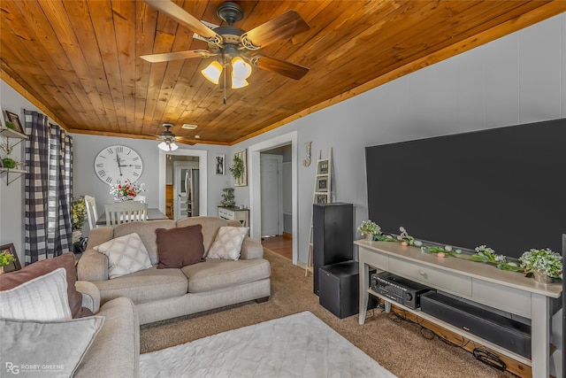 living room with ceiling fan, light colored carpet, and wooden ceiling