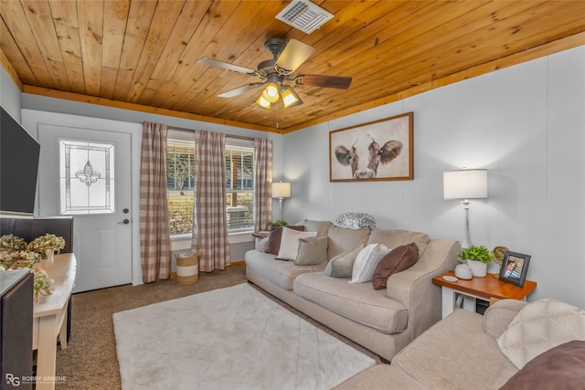 carpeted living room featuring wooden ceiling and ceiling fan