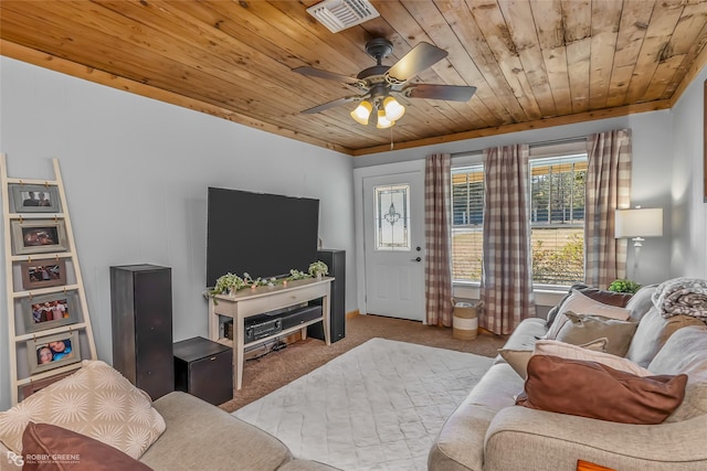 carpeted living room featuring wood ceiling and ceiling fan