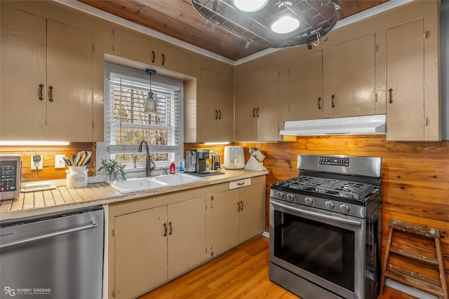 kitchen featuring appliances with stainless steel finishes, sink, hanging light fixtures, wood walls, and light hardwood / wood-style flooring