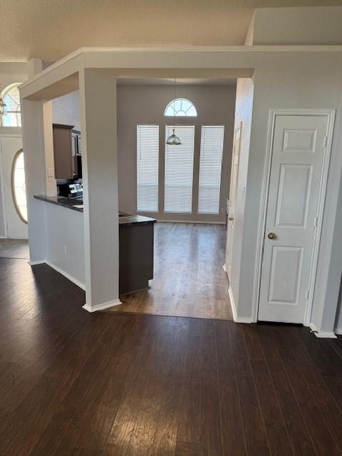 foyer entrance with baseboards and dark wood-type flooring