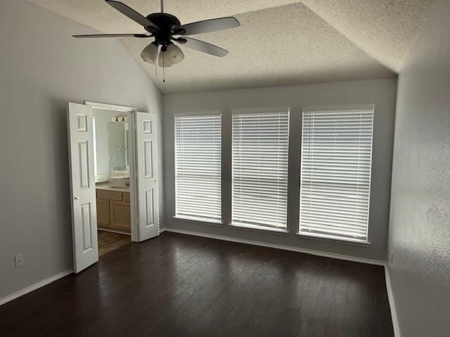 interior space featuring lofted ceiling, a textured ceiling, and dark wood-type flooring