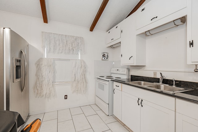 kitchen with white cabinetry, white electric range oven, sink, vaulted ceiling with beams, and stainless steel fridge