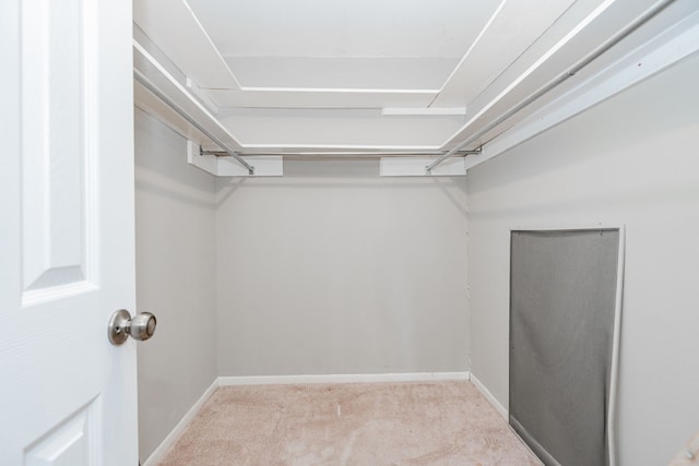 walk in closet featuring light carpet