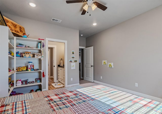 carpeted bedroom with ceiling fan