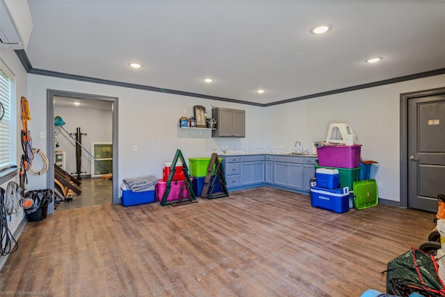 playroom featuring sink, wood-type flooring, and ornamental molding