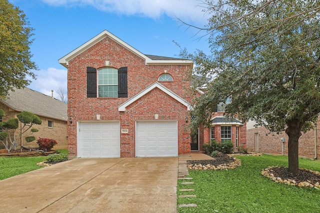 traditional home featuring a garage, brick siding, driveway, and a front lawn