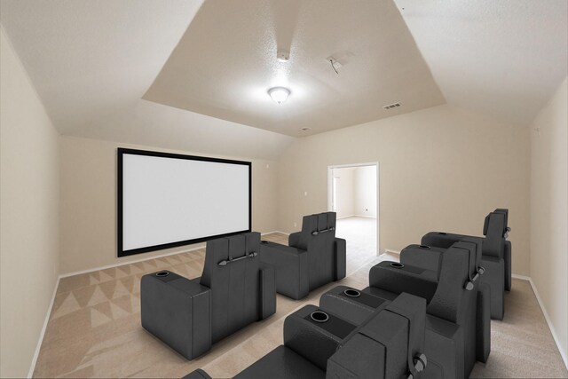 carpeted empty room featuring a notable chandelier and lofted ceiling