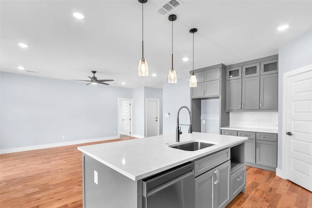 kitchen featuring a sink, visible vents, gray cabinets, and stainless steel dishwasher