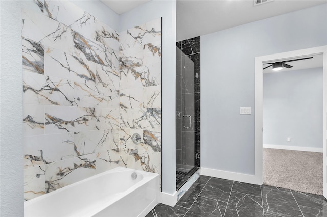 bathroom featuring a bathing tub, visible vents, baseboards, marble finish floor, and a shower with door