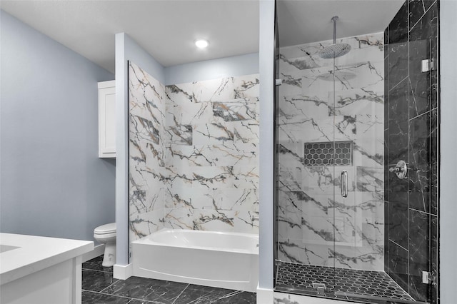 full bath featuring a marble finish shower, toilet, marble finish floor, vanity, and a bath