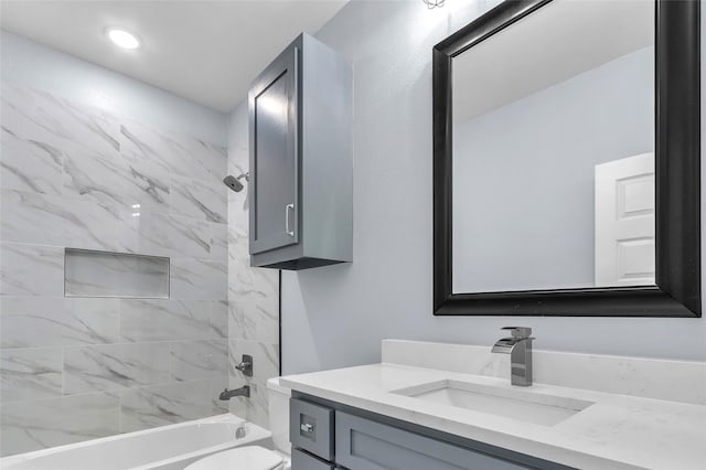 bathroom with recessed lighting, tub / shower combination, vanity, and toilet