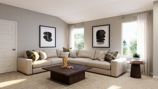 living room featuring light colored carpet and vaulted ceiling