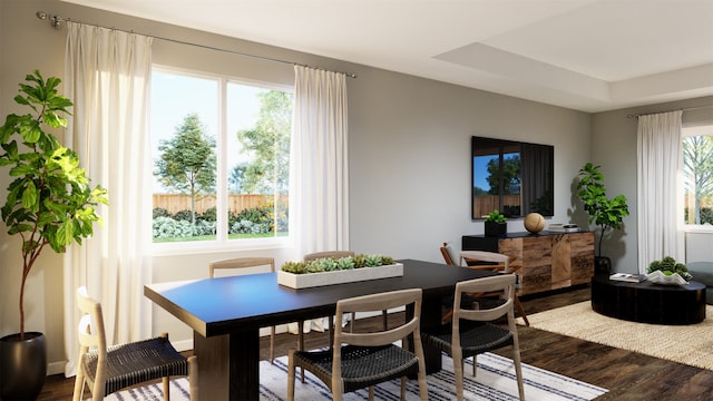 dining area with hardwood / wood-style flooring and a raised ceiling