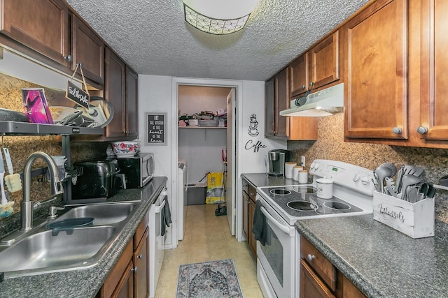 kitchen with a textured ceiling, dishwasher, electric stove, backsplash, and sink