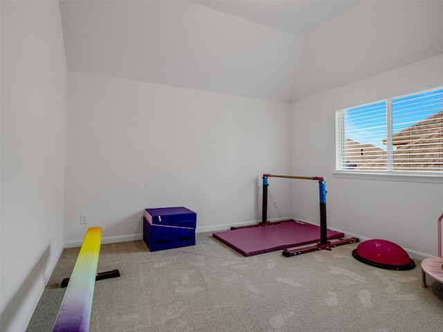 exercise area featuring carpet and lofted ceiling