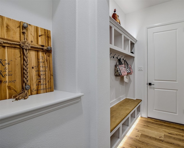 mudroom with light hardwood / wood-style floors