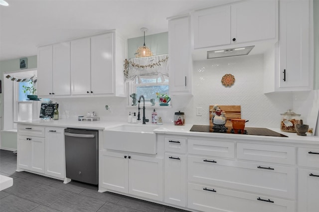 kitchen with decorative backsplash, white cabinetry, stainless steel dishwasher, and black electric cooktop