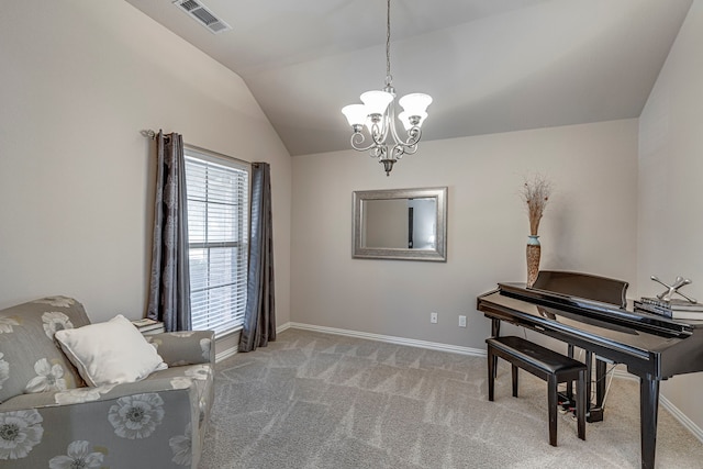 living area featuring a chandelier, carpet floors, and lofted ceiling